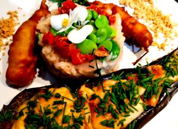 Risotto aux fèves et aubergine farcie gratinée